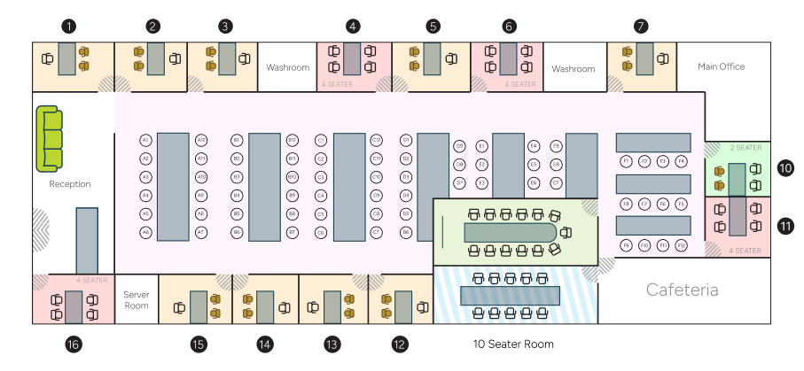 Cluster Co-Works layout in Pune showing coworking desks private cabins meeting rooms conference area and office floor plan